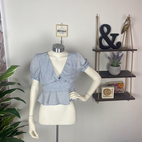 Princess Polly Tops - Princess Polly Light Blue Ditsy Floral Print Blouse